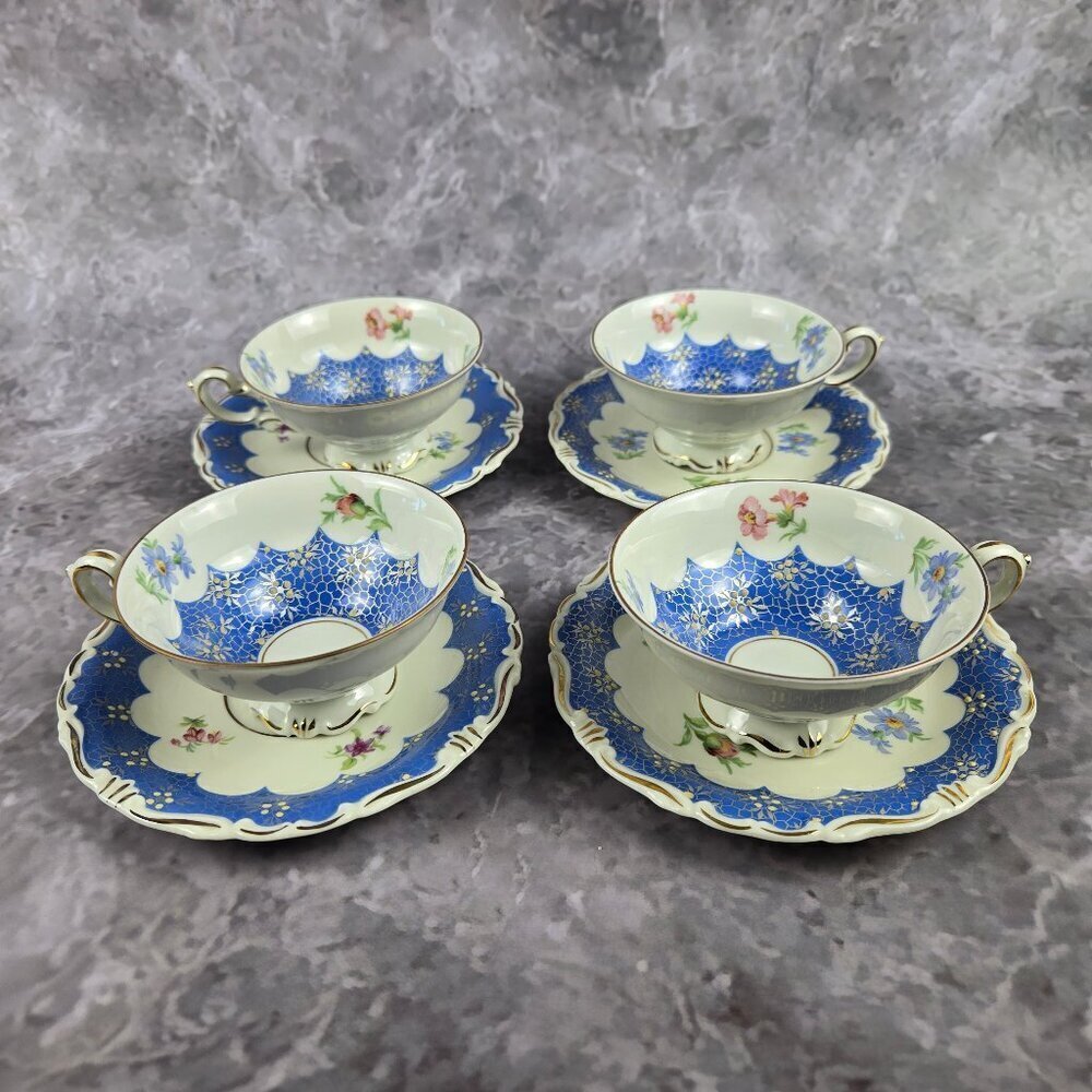 Vintage Kunst Kronsch Florenz Set of 4 Cups Saucers Blue White Gold Bavaria 1950